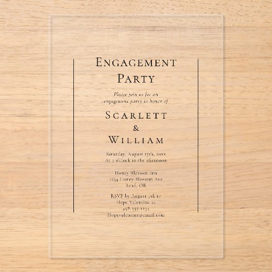 Eenvoudige traditionele minimale verlovingsfeest acryl uitnodigingen (Voorkant)