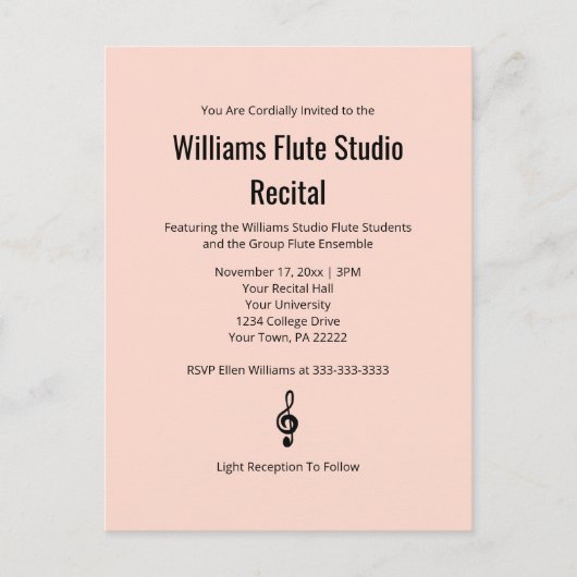 Eenvoudige Treble Clef Fluit Roze Muziek Overwegin Uitnodiging Briefkaart (Voorkant)