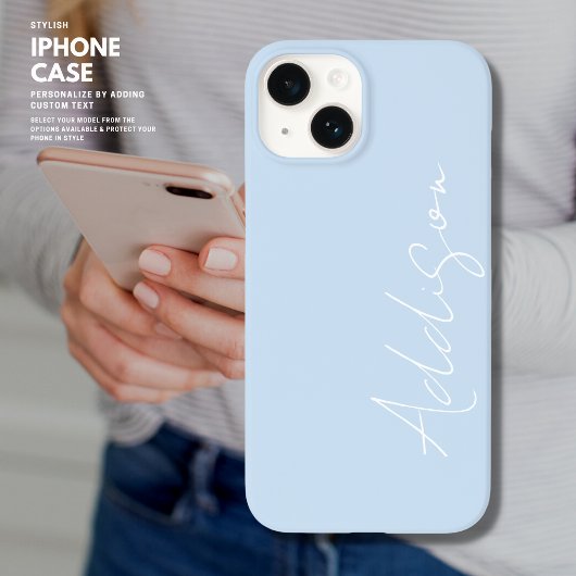Eenvoudige Trendy Bleek Blauw en Wit Script Naam Case-Mate iPhone Case