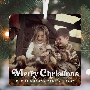 Eenvoudige Trendy Retro Typografie Foto Kerstmis Metalen Ornament