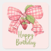 Eenvoudige Trendy Roze Bow & Aardbei Happy Birthda Vierkante Sticker (Voorkant)