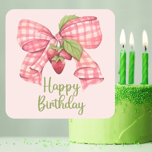 Eenvoudige Trendy Roze Bow & Aardbei Happy Birthda Vierkante Sticker