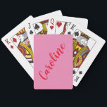 Eenvoudige Trendy roze rode kalligrafie op maat Pokerkaarten<br><div class="desc">Minimale kalligrafie Persoonlijke naamafspeelkaarten in helder roze en rood</div>