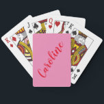 Eenvoudige Trendy roze rode kalligrafie op maat Pokerkaarten<br><div class="desc">Minimale kalligrafie Persoonlijke naamafspeelkaarten in helder roze en rood</div>