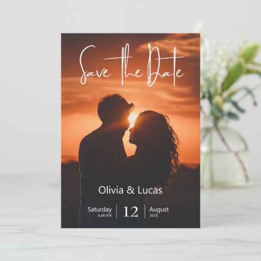 Eenvoudige trendy zonfoto Save the date bruiloft Kaart (Staand voorkant)
