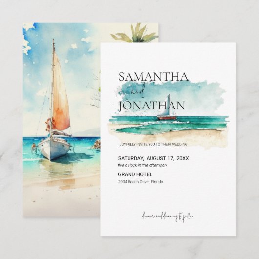 Eenvoudige tropische & aquarel cruise zeilboot save the date (Voorkant / Achterkant)