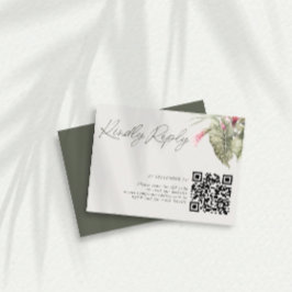 Eenvoudige Tropische Bloemen QR Code Donkergroen RSVP Kaartje