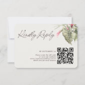 Eenvoudige Tropische Bloemen QR Code Taupe RSVP Kaartje (Voorkant)