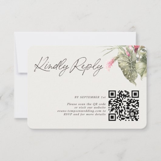 Eenvoudige Tropische Bloemen QR Code Taupe RSVP Kaartje (Voorkant)