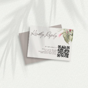 Eenvoudige Tropische Bloemen QR Code Taupe RSVP Kaartje