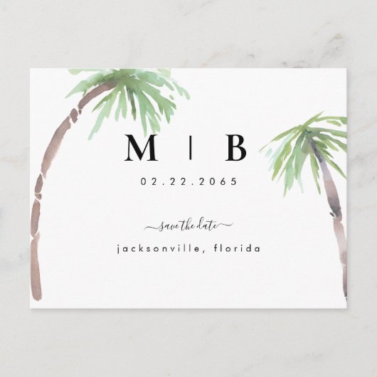 Eenvoudige Tropische bruiloft van Initialen sparen Aankondigingskaart (Voorkant)