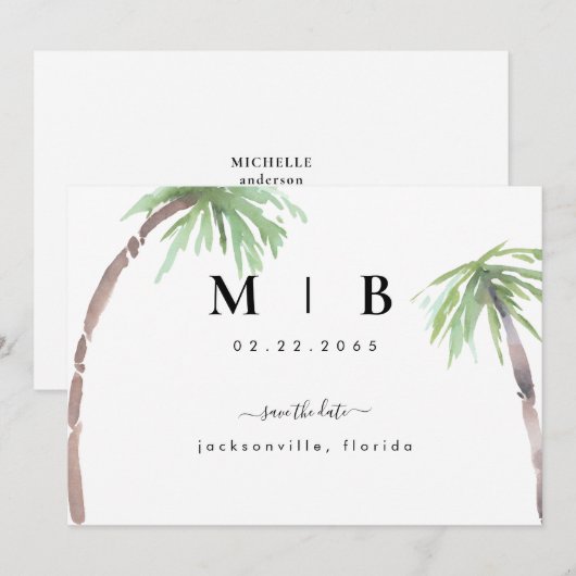Eenvoudige Tropische bruiloft van Initialen sparen Save The Date (Voorkant / Achterkant)