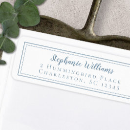 Eenvoudige Trouw RSVP Stof Blauw en Wit Etiket