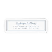 Eenvoudige Trouw RSVP Stof Blauw en Wit Etiket (Voorkant)