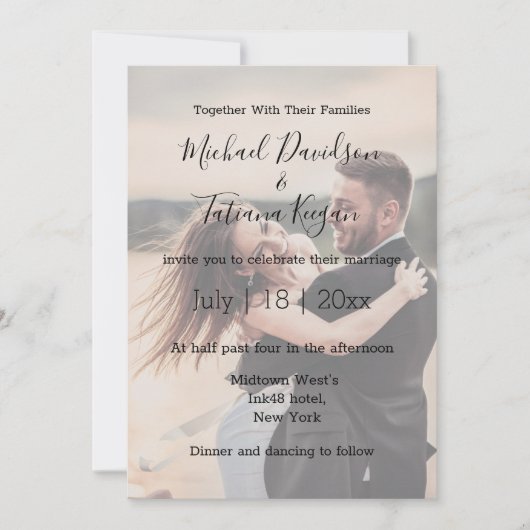 eenvoudige trouwdag foto vervaagd overlay uitnodig kaart (Voorkant)