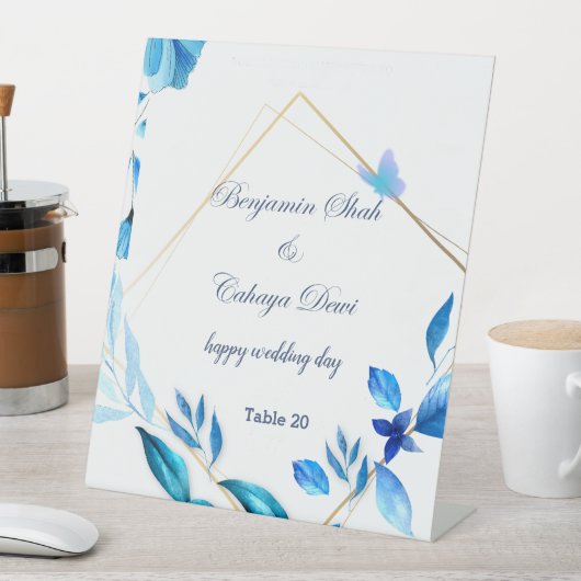 Eenvoudige Trouwtafel voetstuk teken blauw en wit Reclamebord Met Voetstuk (Insitu)