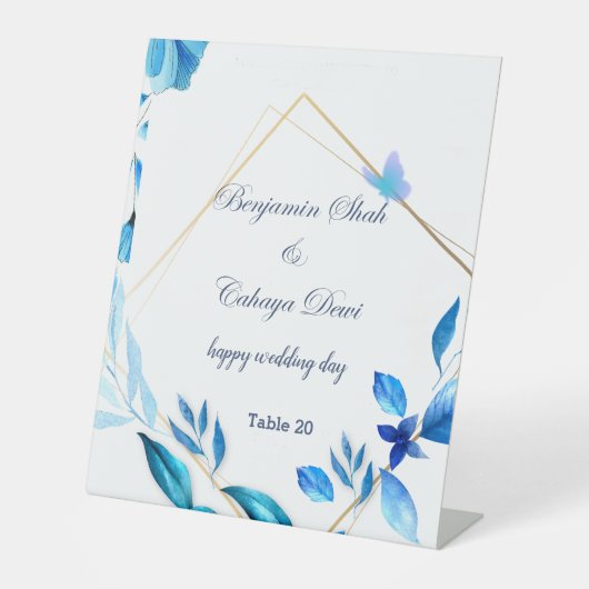 Eenvoudige Trouwtafel voetstuk teken blauw en wit Reclamebord Met Voetstuk (Voorkant)