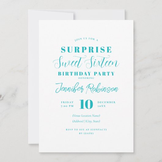 Eenvoudige turquoise foto SURPRISE Sweet 16 Kaart (Voorkant)