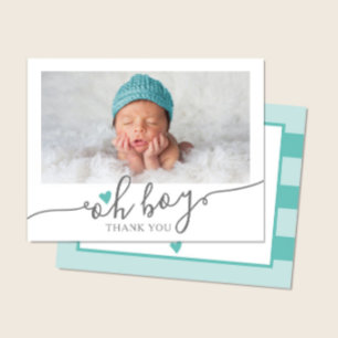 Eenvoudige Turquoise Hart Jongens Baby Shower Foto Bedankkaart