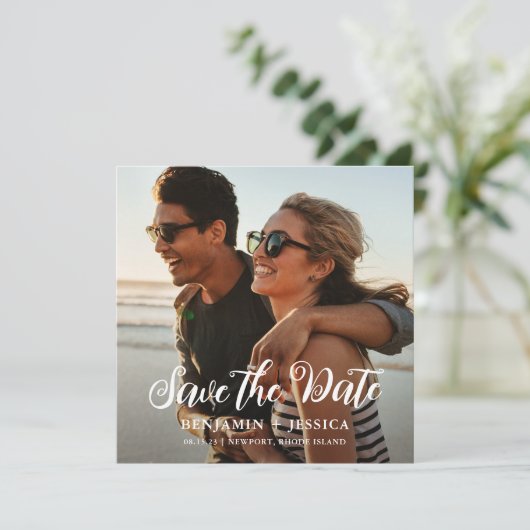 Eenvoudige twee foto's bruiloft Save the Date (Staand voorkant)