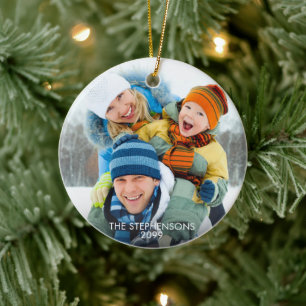 Eenvoudige twee foto's Naam Jaar Keramisch Ornament