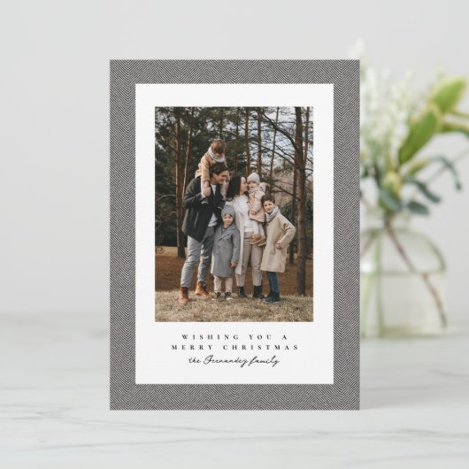 Eenvoudige tweed lijst zwart wit foto kerst feestdagenkaart (Staand voorkant)