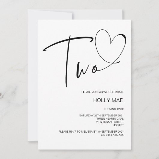 Eenvoudige tweede verjaardag uitnodiging twee hart (Voorkant)