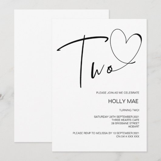 Eenvoudige tweede verjaardag uitnodiging twee hart (Voorkant / Achterkant)