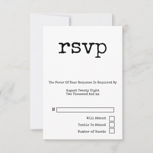 Eenvoudige typemachine typografie minimalistische RSVP kaartje (Voorkant)
