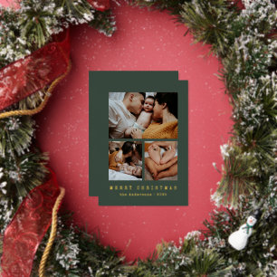 Eenvoudige Typewriter Familie 3 Foto Collage Kerst Folie Feestdagenkaart