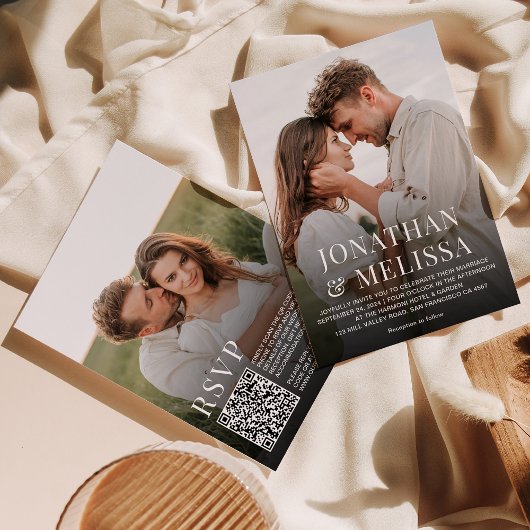 Eenvoudige Typografie 2 Foto QR Code RSVP Bruiloft Kaart