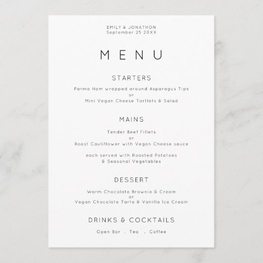 Eenvoudige Typografie BlacK White Wedding Menu Car Kaart (Voorkant)
