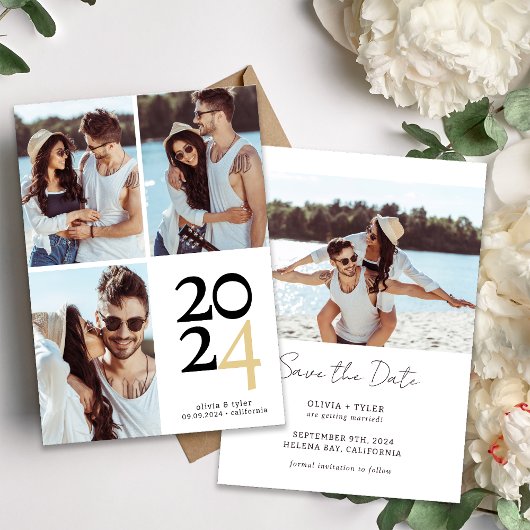 Eenvoudige typografie bruiloft met meerdere foto's save the date
