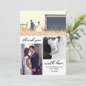 Eenvoudige typografie | Drie foto-bruiloft Harteli Bedankkaart (Staand voorkant)