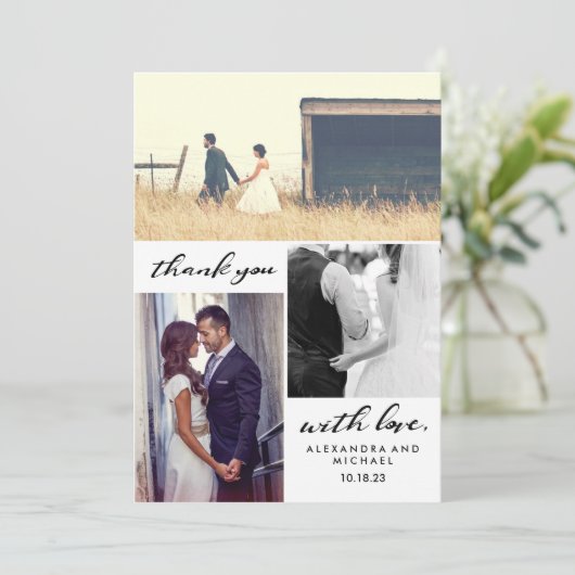 Eenvoudige typografie | Drie foto-bruiloft Harteli Bedankkaart (Staand voorkant)