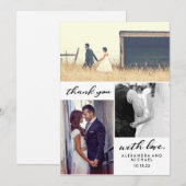 Eenvoudige typografie | Drie foto-bruiloft Harteli Bedankkaart (Voorkant / Achterkant)