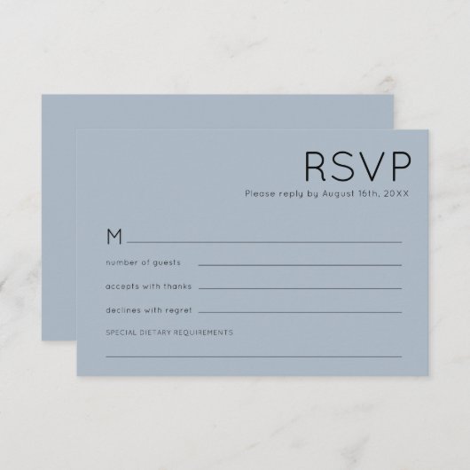 Eenvoudige Typografie Dusty Blue Wedding RSVP Kaartje (Voorkant / Achterkant)