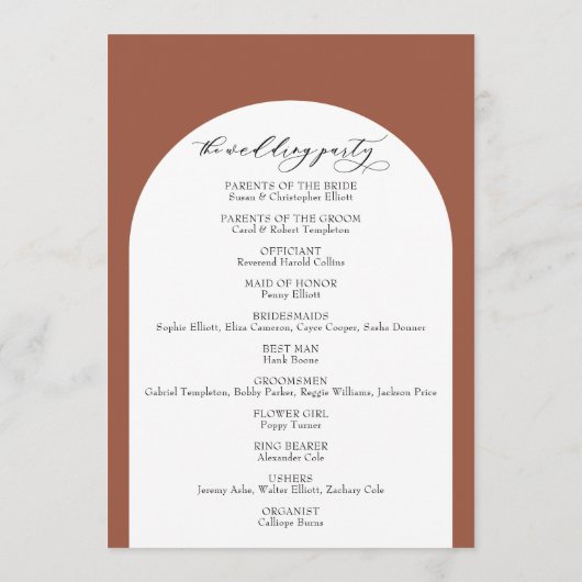 Eenvoudige Typografie, Elegant Arch op Terracotta Programmakaart (Achterkant)