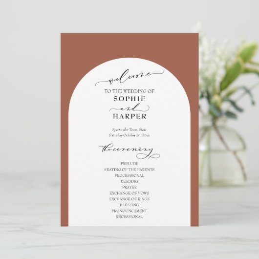 Eenvoudige Typografie, Elegant Arch op Terracotta Programmakaart (Staand voorkant)