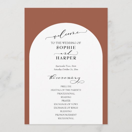 Eenvoudige Typografie, Elegant Arch op Terracotta Programmakaart (Voorkant)