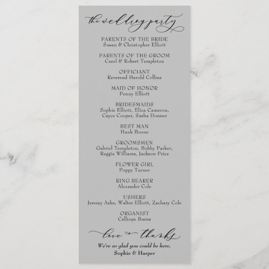 Eenvoudige Typografie, elegant grijs script Programmakaart (Achterkant)