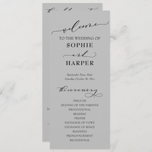 Eenvoudige Typografie, elegant grijs script Programmakaart (Voorkant / Achterkant)