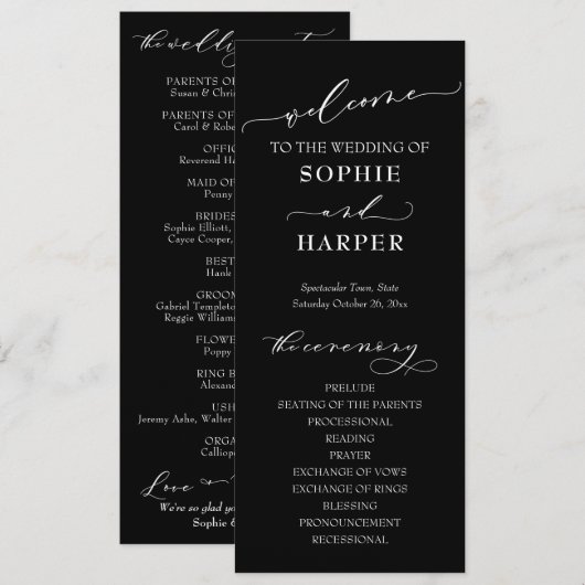 Eenvoudige Typografie, elegante Calligrafie Black Programmakaart (Voorkant / Achterkant)