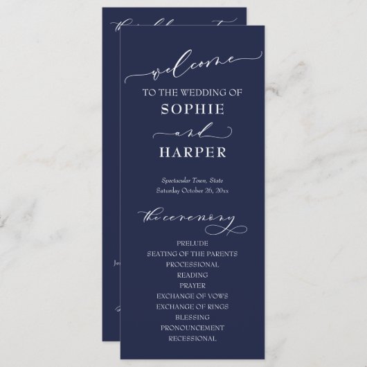 Eenvoudige Typografie, elegante kalligrafie Navy B Programmakaart (Voorkant / Achterkant)