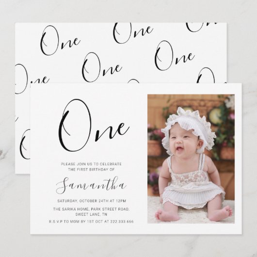 Eenvoudige Typografie Foto 1e Verjaardag Kaart (Voorkant / Achterkant)