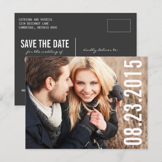 EENVOUDIGE TYPOGRAFIE | FOTO BESPAAR DE DATUM-BRIE AANKONDIGINGSKAART (Voorkant / Achterkant)