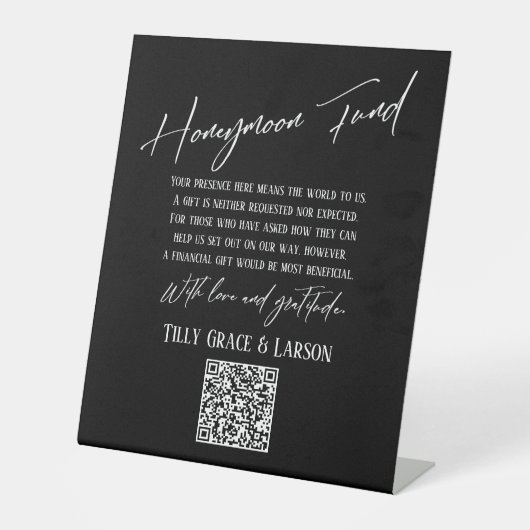 Eenvoudige Typografie Honeymoon Fund QR Code Black Reclamebord Met Voetstuk (Voorkant)