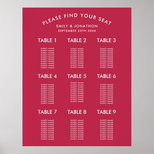 Eenvoudige Typografie Magenta Wedding Seating Char Poster (Voorkant)