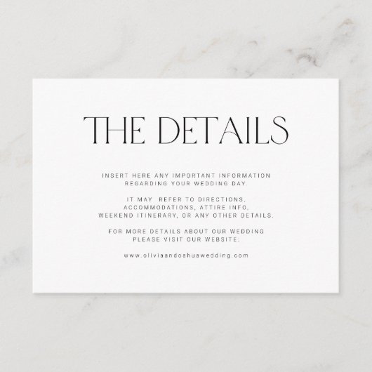 Eenvoudige typografie moderne gasten bruiloft deta informatiekaartje (Voorkant)