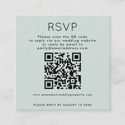 Eenvoudige typografie QR Code Mint Wedding RSVP Informatiekaartje (Voorkant)
